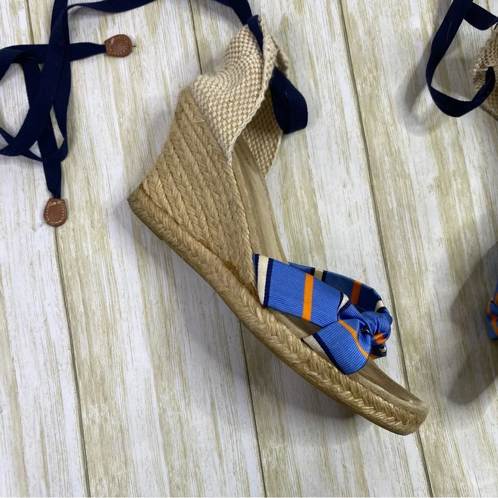 J. Crew Blue Striped Marianne Wrap Ankle Espadrille Wedge Sandals